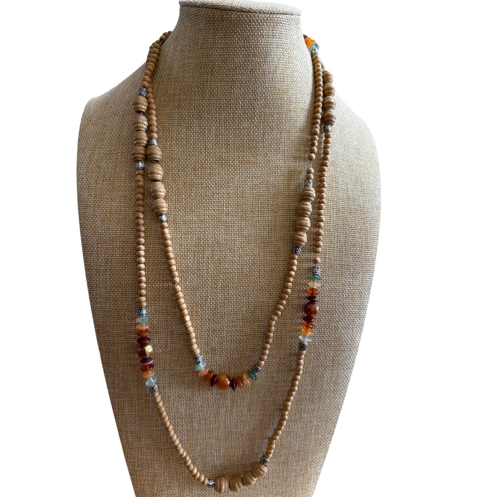 Long Natural Wood Bead Necklace Multi Color Stone Chips Boho Earthy Eclectic